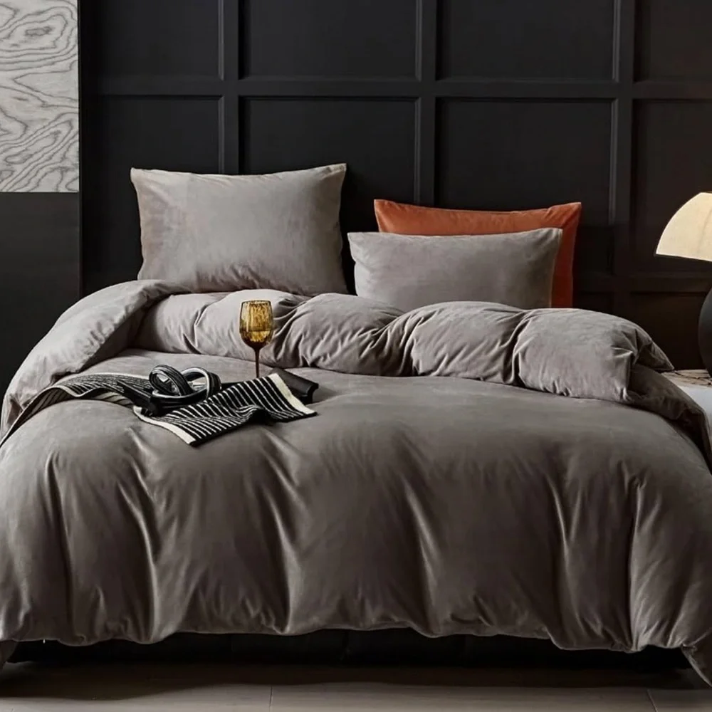 🆕 3 piece Mushroom Gray Beige Graeige Velvet Duvet Cover Set in size QUEEN